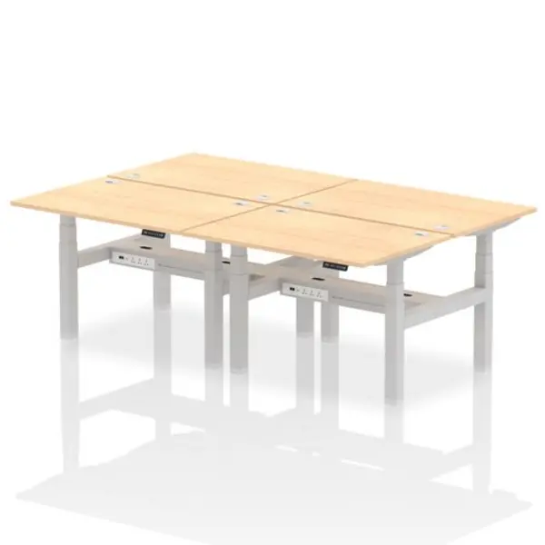 Image of Air Air Back-to-Back 1200 x 800mm Height Adjustable 4 Person Bench Desk Maple Top with Cable Ports Silver Frame HASCP4P12800MPES