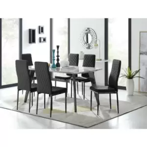 Image of Furniturebox Andria Black Leg Marble Effect Dining Table and 6 Black Velvet Milan Dining Chairs With Black Legs