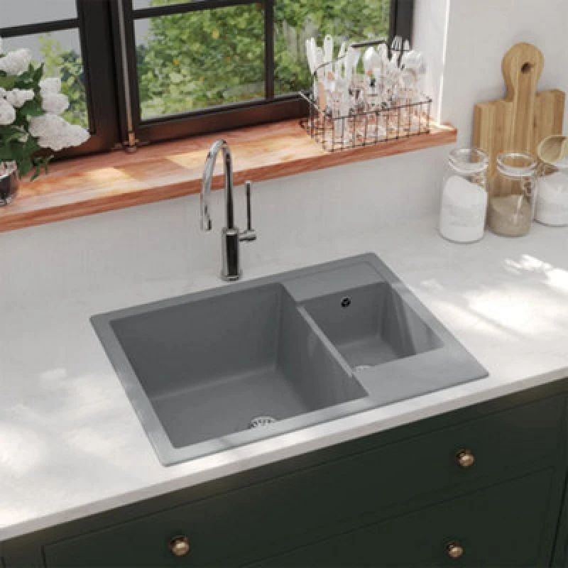Image of VIDAXL Kitchen Sink with Overflow Hole Double Basins Grey Granite Vidaxl 8720286042243