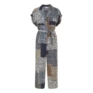 Image of Yumi Navy Patchwork Animal Print Jumpsuit - Blue
