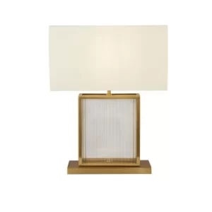 Image of Clarendon 1 Light Table Lamp, Tempered Glass, Velvet Off White Shade Satin Brass