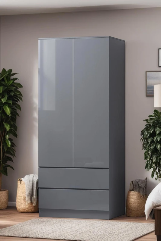 Image of FWStyle FWStyle Grey Gloss 2 Door Wardrobe With 2 Drawers Scratch Resistant Grey One Size Unisex 5056413127587
