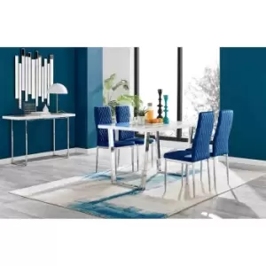 Image of Furniture Box Kylo White High Gloss Dining Table and 4 Navy Velvet Milan Chairs