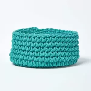 Image of Homescapes - Teal Green Cotton Knitted Round Storage Basket, 37 x 21cm - Teal Green