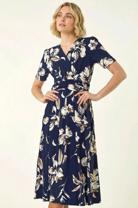Image of Roman Womens Floral Wrap Midi Dress in Navy Size: 12 Navy Female 12