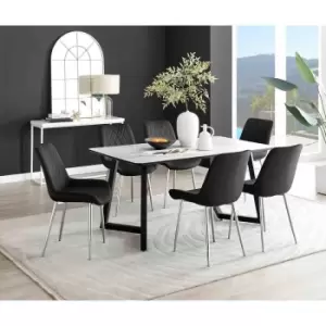 Image of Furniture Box Carson White Marble Effect Dining Table and 6 Black Pesaro Silver Chairs