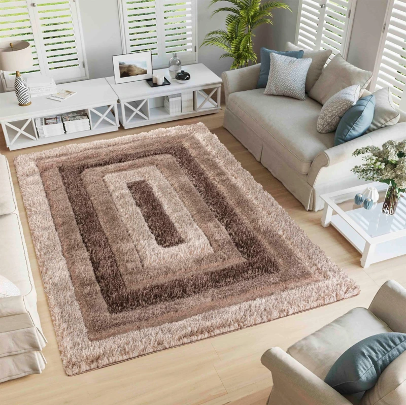 Image of Modern Soft Bordered Shimmer Shaggy Area Rugs Bronze 200X290 Cm