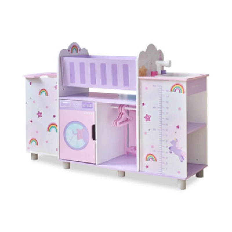 Image of Teamson Kids 6 In 1 Wooden Doll Nursery With Cradle, Sink, High Chair, Wardrobe & Storage