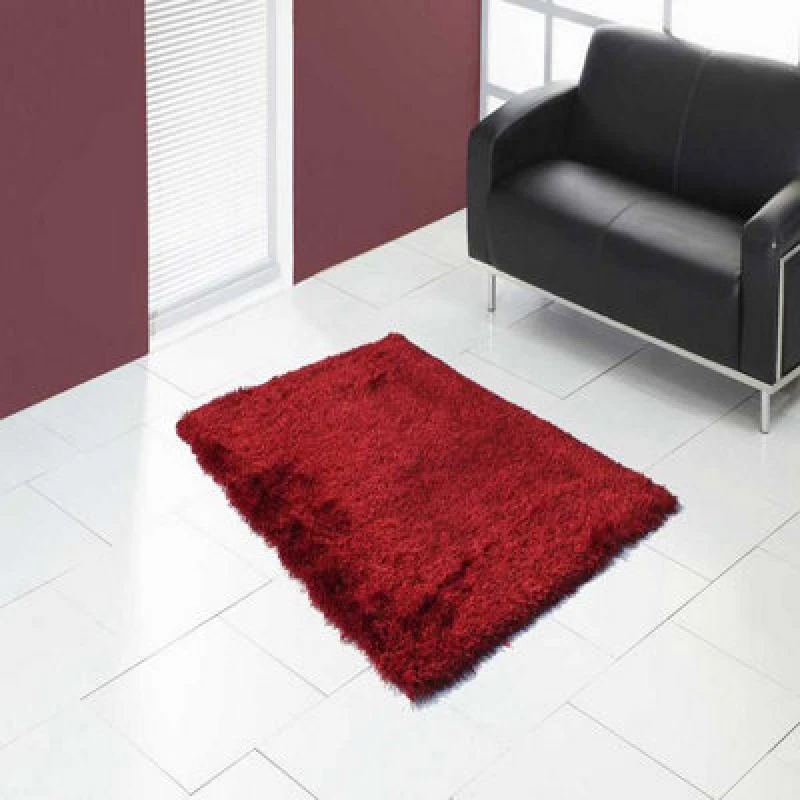 Image of Red Plain Shaggy Handmade Plain Sparkle Rug For Bedroom & Living Room-80Cm X 150Cm