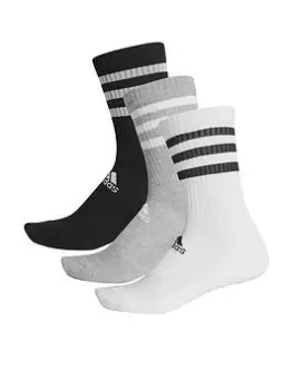 Image of adidas 3 Stripe Cushion Crew 3 Pack Socks - Grey/White/Black, Size S, Men