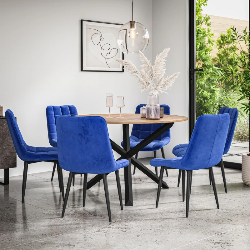 Image of More4Homes Malvern Round Dining Table And Chairs - Oak Table Top W Solid Black Oak Legs + Nova Velvet Dining Chair Set Of 6 (Blue)