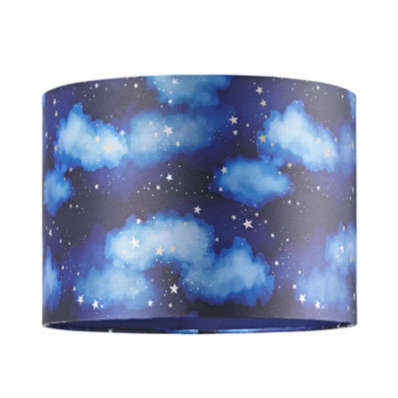 Image of Happy Homewares Modern Navy Blue Childrens Lamp Shade With Bright Gold Stars And White Clouds