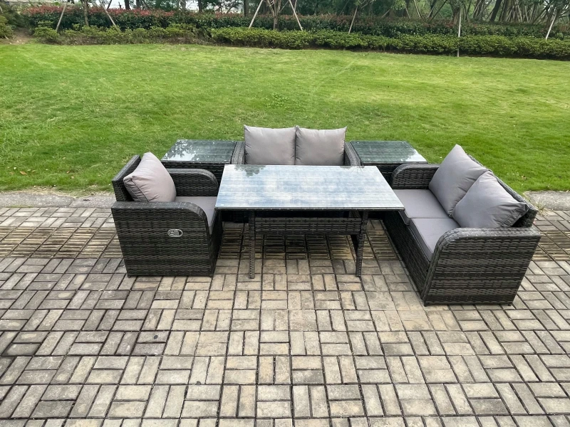 Image of Fimous Lounge Rattan Sofa Set Outdoor Garden Furniture Oblong Rectangular Dining Table With Chairs 2 Side Tables Dark Grey Mixed Dark Grey Unisex