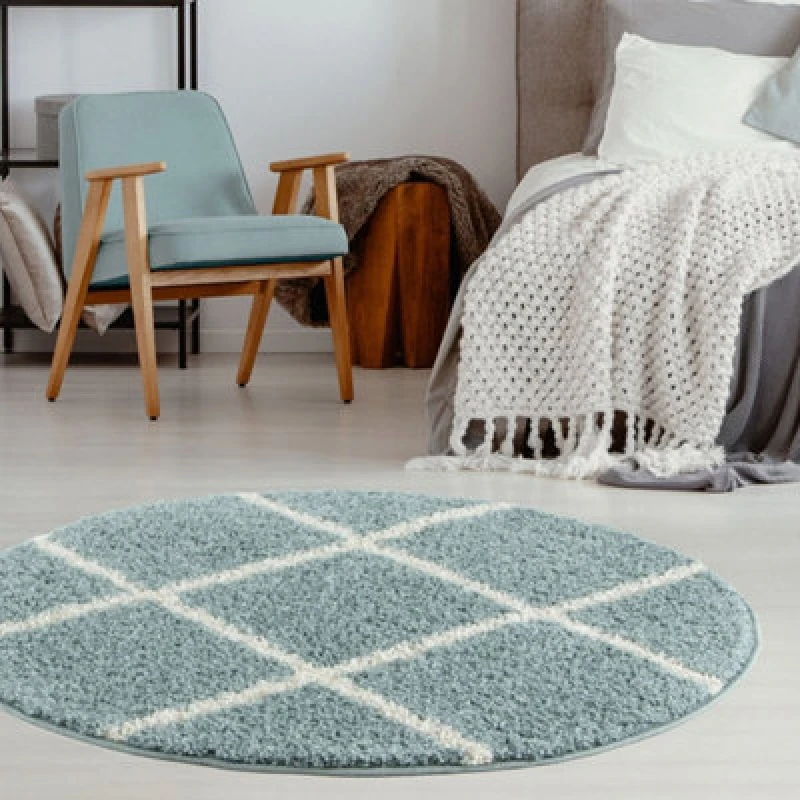 Image of THE RUGS Soft Diamond Shaggy Rugs & Runners Duck Egg Blue Living Room Size: 120cm diameter Duck Egg Blue Unisex 120cm diameter