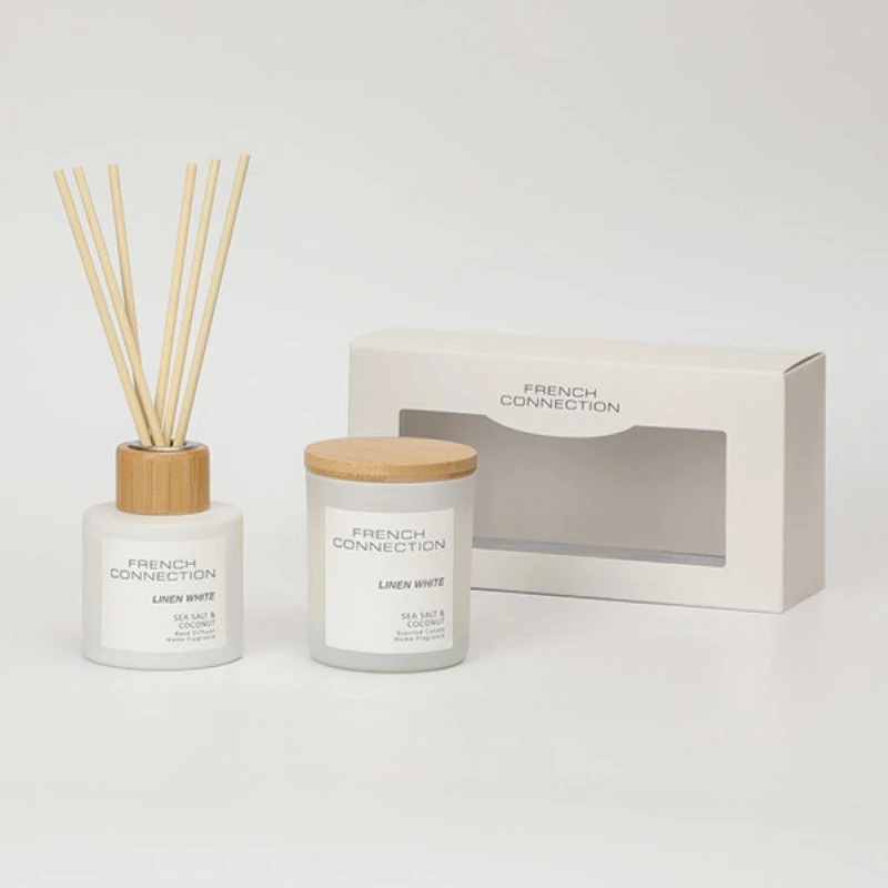 Image of French Connection French Connection Sea Salt & Coconut 130G Candle and 100ml Reed Diffuser Gift Set Pastel Range in White Size: 2 Pack White 2 Pack