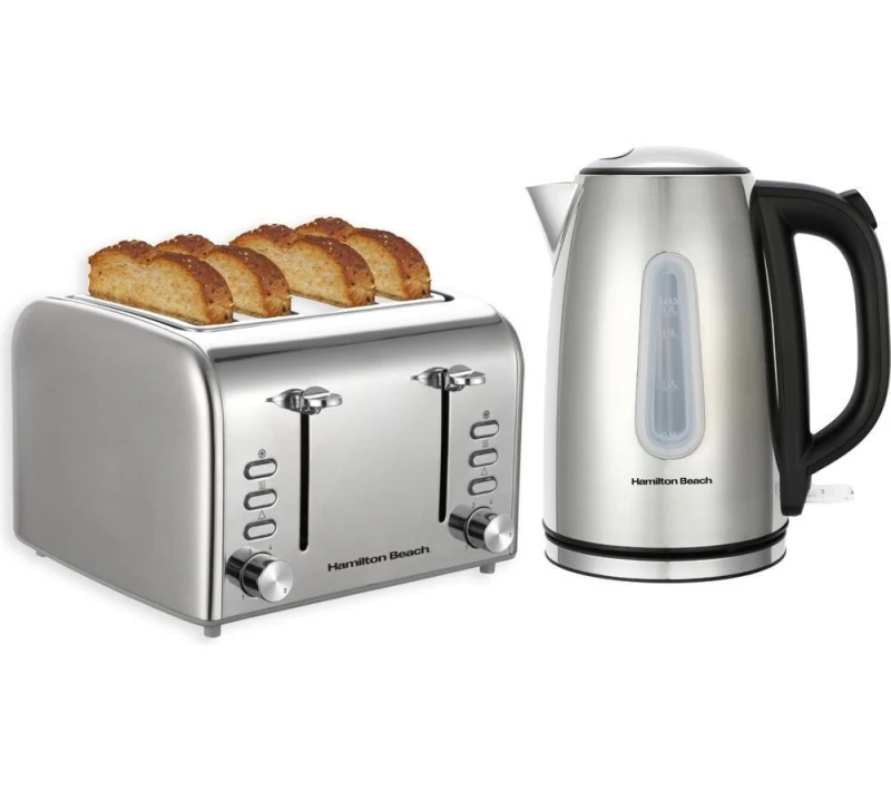 Image of HAMILTON BEACH Rise Polished Electric Kettle & 4-Slice Toaster Bundle - Silver/Grey 5060916370807