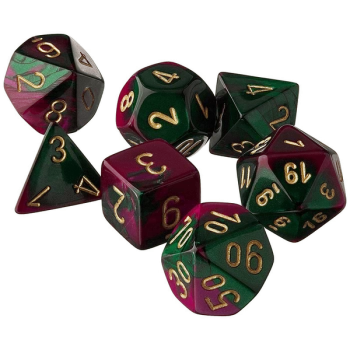 Image of Chessex Gemini Poly 7 Dice Set: Green-Purple/Gold