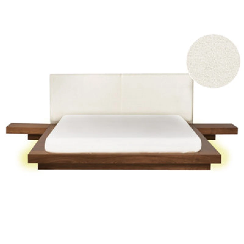 Image of Beliani Bed With LED Boucle Zen 160 X 200 Cm (Eu King Size) LED Brown Ash Wood