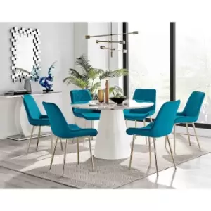 Image of Furniture Box Palma White Marble Effect Round Dining Table and 6 Blue Pesaro Gold Leg Chairs