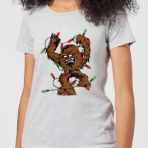 Image of Star Wars Tangled Fairy Lights Chewbacca Womens Christmas T-Shirt - Grey - S