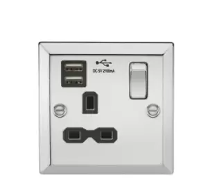 Image of KnightsBridge 13A 1G Switched Socket Dual USB Charger Slots with Black Insert - Bevelled Edge Polished Chrome