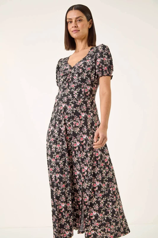 Image of Roman Womens Rose Print Ruched Midi Dress in Black Size: 10 Black Female 10