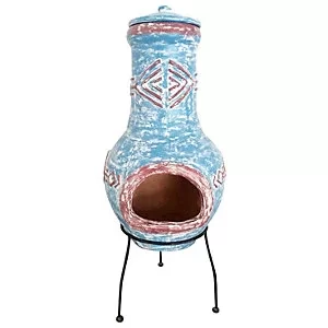 Image of Charles Bentley Large Natural Clay Chiminea Aztec Design Clay and Steel Stand