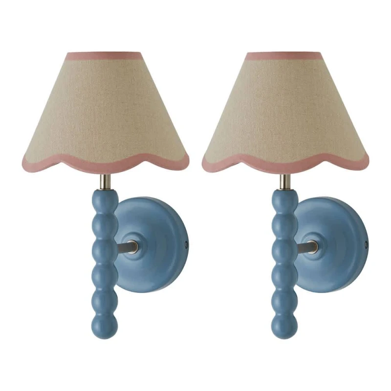 Image of ValueLights Bobbins Pair of Blue Wall Lights with Linen Trim Lamp Shades & Bulbs in Pale Pink Pale Pink Unisex