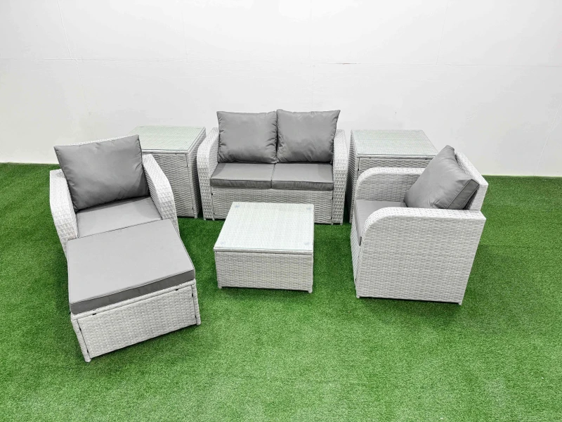 Image of Fimous Light Grey PE Wicker Rattan Garden Furniture Set Sofa Set Reclining Adjustable Chair Square Coffee Table 5 Seater With Footstool 2 Side Table L