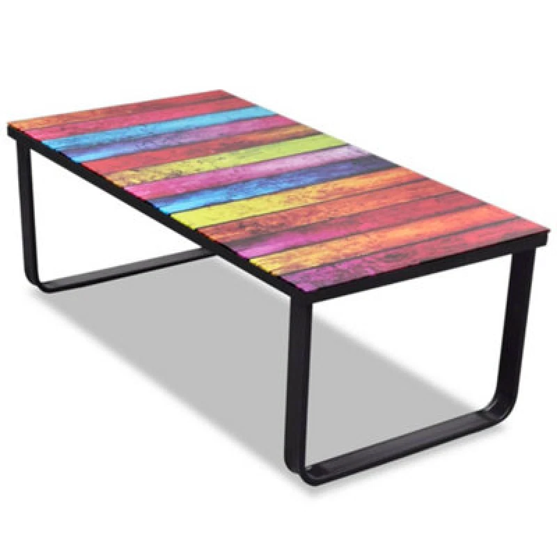 Image of New Modern Indoor Coffee Table Tempered Glass 5mm Rainbow Printing Metal Frame