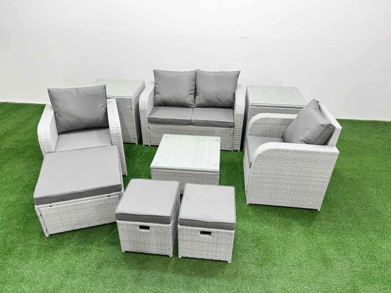 Image of Fimous Light Grey PE Wicker Rattan Garden Furniture Set Sofa Set Reclining Adjustable Chair Square Coffee Table 7 Seater 3 Stools 3 Side Table Light
