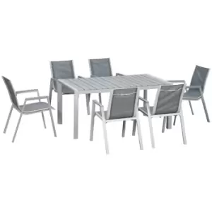 Image of Outsunny 7 Pieces Garden Dining Set, Outdoor Table and 6 Armchairs, Aluminium Frame Slatted Wood Grain Plastic Top Table Mesh Fabric Seats Light Grey