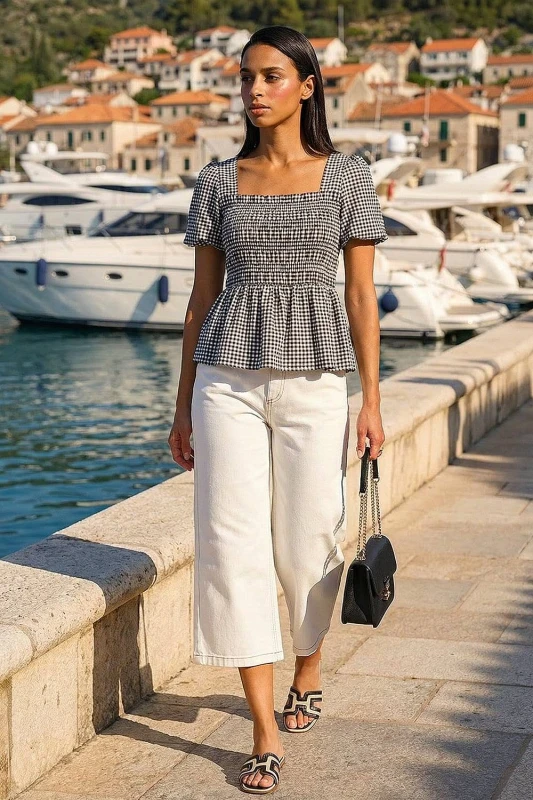 Image of Dusk Womens Gingham Shirred Peplum Top in Black Size: 10 Black Female 10