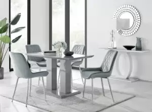 Image of Imperia Grey High Gloss 4 Seater Dining Table with Structural 2 Plinth Column Legs 4 Soft Velvet Silver Leg Pesaro Chairs