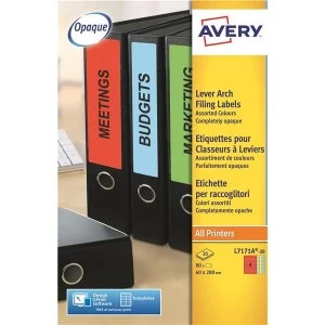 Image of Avery L7171A 20 200 x 60mm Multicolour Lever Arch Filing Laser Labels Pack 80