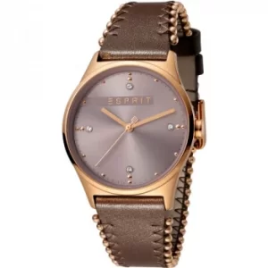 Image of Esprit Drops Womens Watch featuring a Dark Brown Leather Strap and Dark Pink Dial