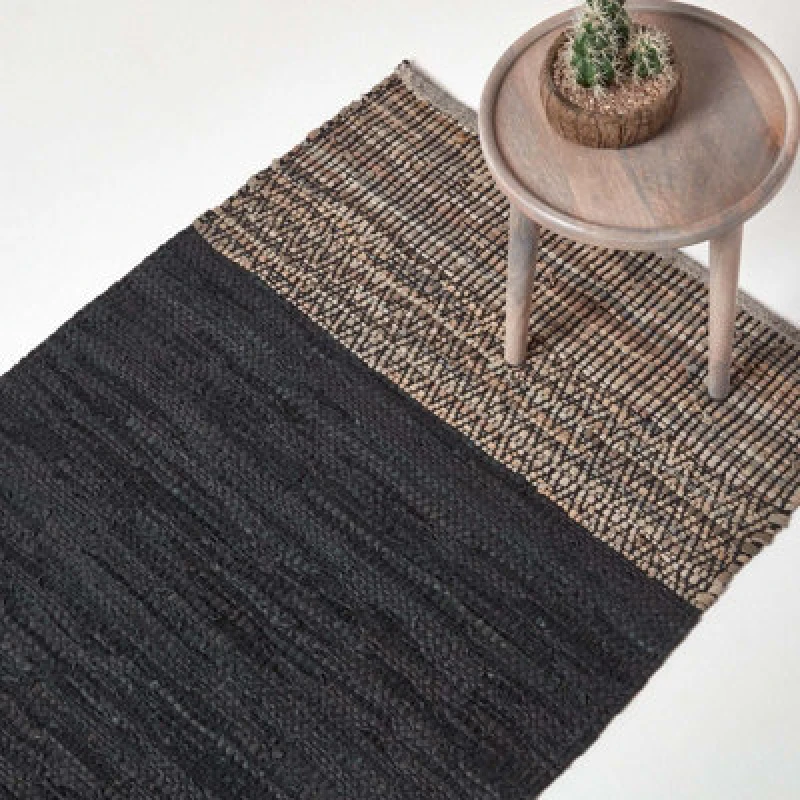 Image of Homescapes Black Recycled Leather Handwoven Herringbone Rug, 90 X 150 Cm