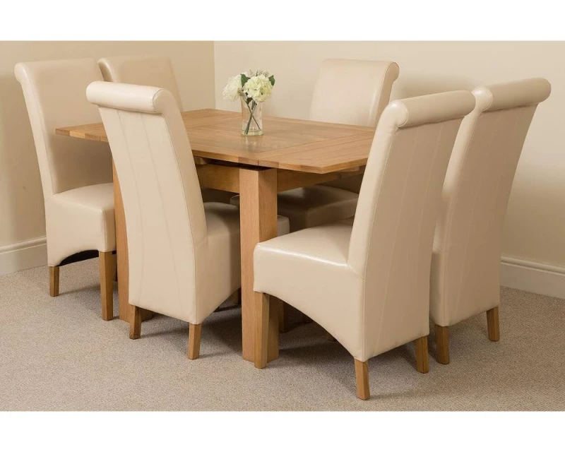 Image of Thats Furniture Richmond 90-150cm Oak Extending Dining Table & 6 Montana Leather Chairs in Cream Cream Unisex