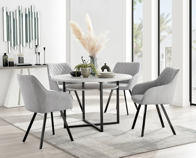 Image of FurnitureboxUK FurnitureboxUK Adley Grey Concrete Effect Round Dining Table & 4 Falun Black Leg Fabric Chairs in Light Grey Light Grey One Size Unisex