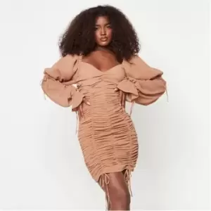 Image of Missguided Tall Mesh Ruched Puff Sleeve Mini Dress - Brown