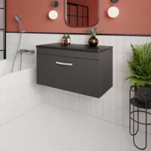 Image of Nuie - Athena Wall Hung 1-Drawer Vanity Unit with Sparkling Black Worktop 800mm Wide - Gloss Grey