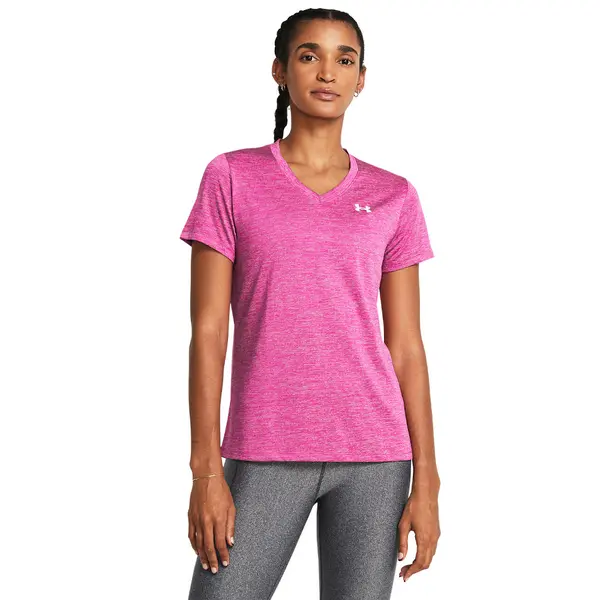 Image of Under Armour Womens Tech Twist Short Sleeve V Neck T Shirt M- Bust 36 - 38' Rebel Pink Elixir White 1384227-652-M