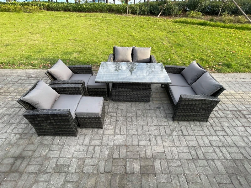Image of Fimous Rattan Garden Furniture Sets Patio Outdoor Rising Lifting Table Sofa Set with Double Seat Sofa 2 Small Footstools in Dark Grey Dark Grey Unisex
