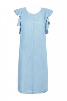 Image of Great Plains Chambray Frill Cross Back Dress Washed Blue