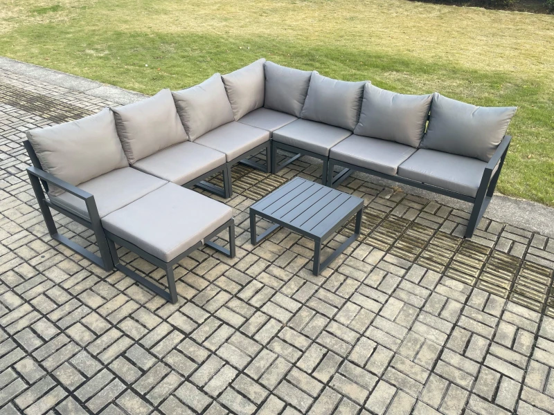 Image of Fimous Outdoor Garden Furniture Patio Lounge Corner Sofa Aluminium Set with Square Coffee Table Big Footstool Dark Grey Dark Grey Unisex