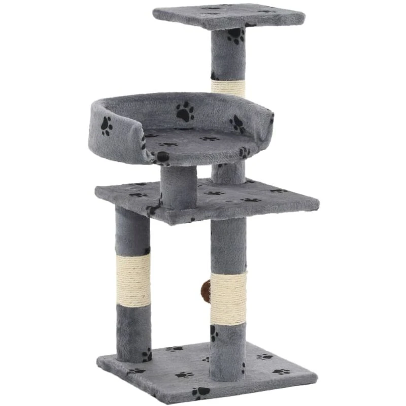 Image of vidaXL Cat Tree with Sisal Scratching Posts 65cm Paw Prints Grey Play Tower