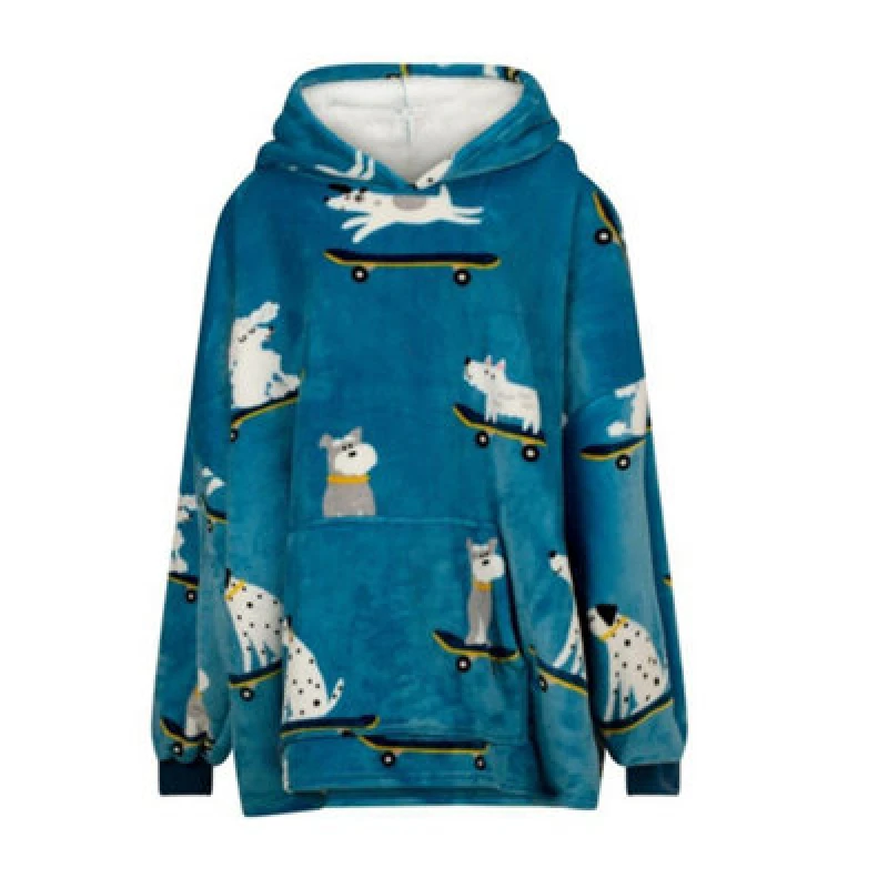 Image of Urban Unique Skater Dogs Sherpa Fleece Hoodie Blanket/throw Blue Oversized