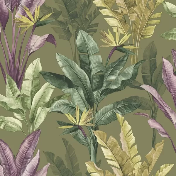 Image of Rasch Akari Madagascar Leaf Wallpaper Tropical Banana Palm Tree Leaves Flowers 282886 Olive Green Purple - Olive Green Purple