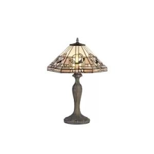 Image of 2 Light Curved Table Lamp E27 With 40cm Tiffany Shade, White, Grey, Black, Clear Crystal, Aged Antique Brass