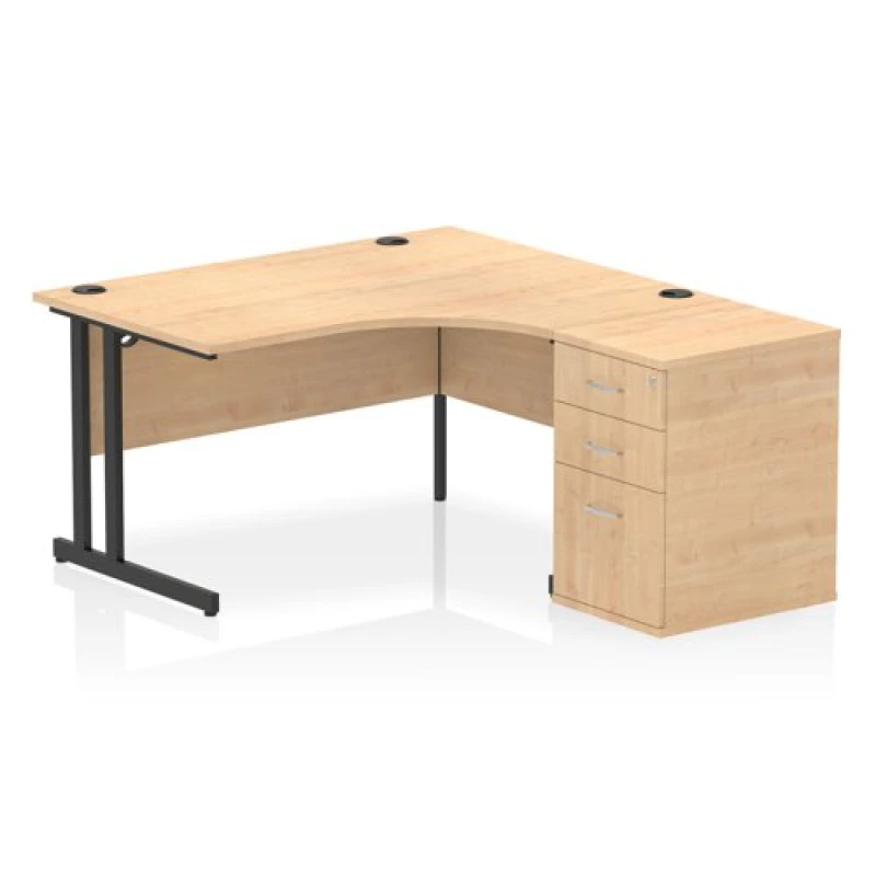 Image of Impulse Impulse 1400mm Right Crescent Office Desk Maple Top Black Cantilever Leg Workstation 600 Deep Desk High Pedestal IWSRC146BCMPE